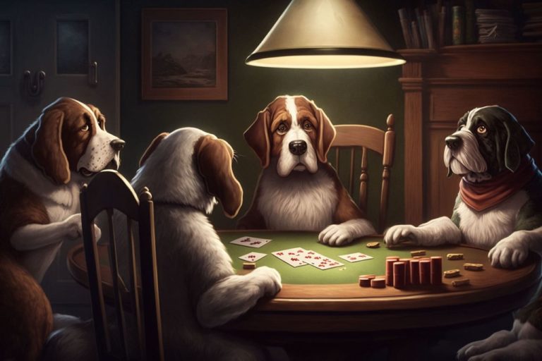 Four dogs counting cards and playing blackjack