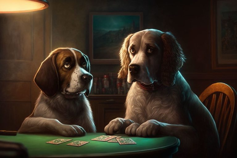 Two dogs playing Blackjack
