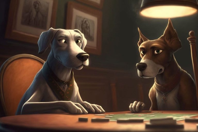 Two dogs playing blackjack in a casino